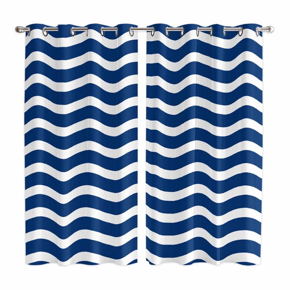 Navy Blue White Kitchen Curtains 63 Inch Length, Abstract Waves Water Ripple Striped Grommet Top Bedroom Living Room Curtains, Light Filtering Cafe Curtain Drapes 2 Panels Set 84''x63''
