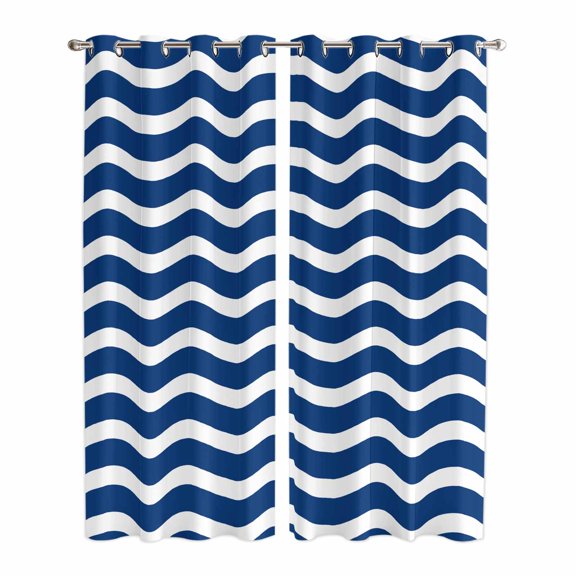 Navy Blue White Kitchen Curtains 84 Inch Length, Abstract Waves Water Ripple Striped Grommet Top Bedroom Living Room Curtains, Light Filtering Cafe Curtain Drapes 2 Panels Set 84''x84''