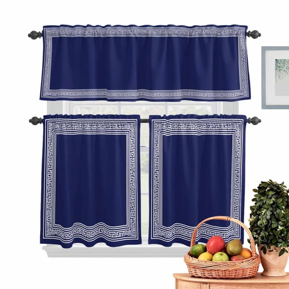Navy Blue White Kitchen Curtains Valances 3 Piece Set, Geometric Greek Style Abstract Art Rod Pocket Tier Curtain and Valance Drapes for Small Window 36 Inch Length for Bedroom Cafe