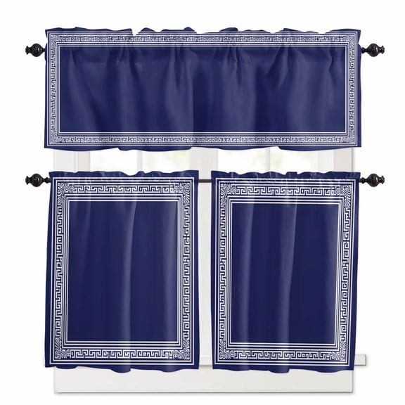 Navy Blue White Kitchen Curtains and Valances Set, Geometric Greek Style Abstract Art Rod Pocket Window Valance 18 Inch Window Curtain Panels for Living Room Bedroom Laundry, 27.5x24in, 3 Pieces