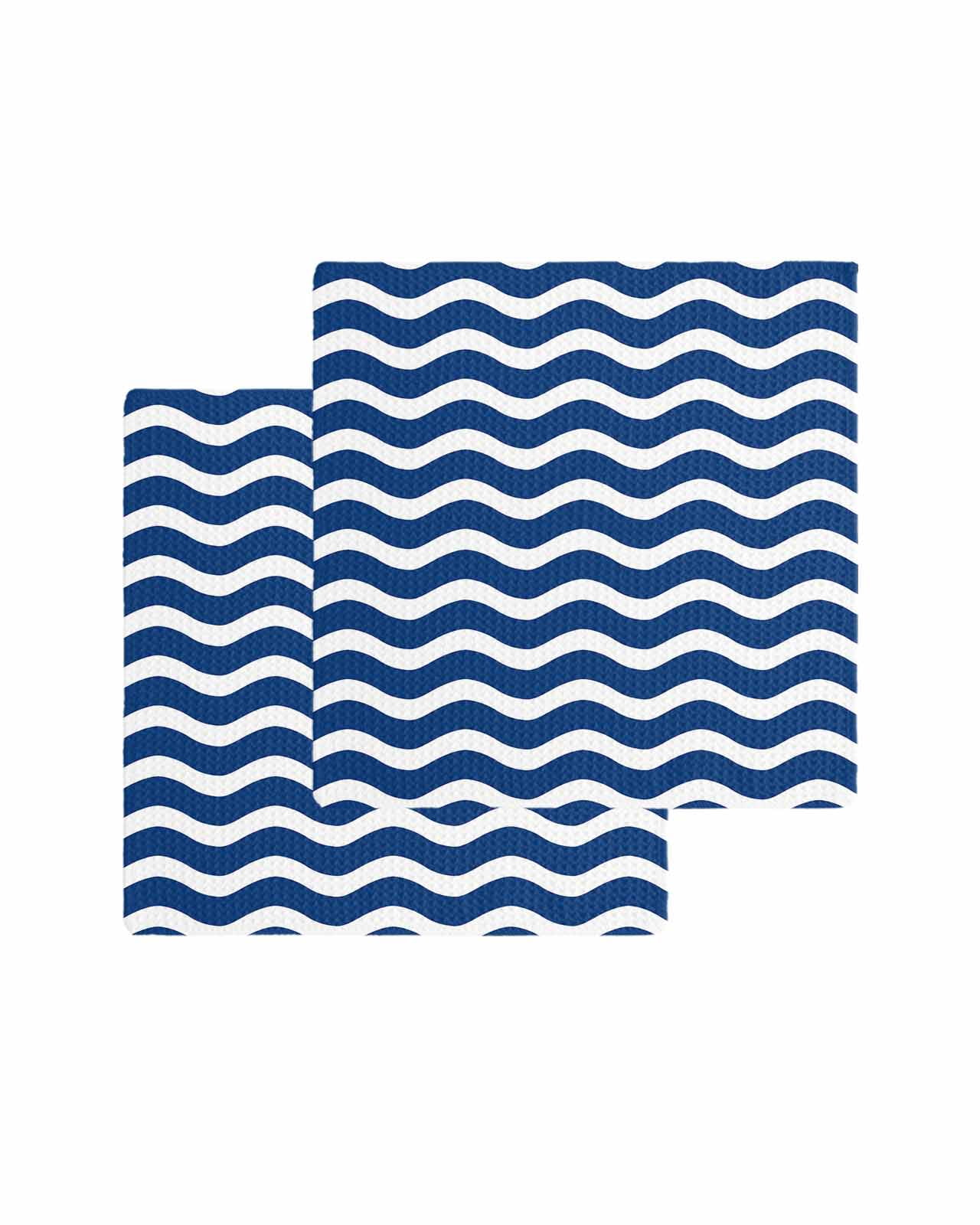 Navy Blue White Kitchen Dish Towels for Drying Dishes Set of 2, Abstract Waves Water Ripple Striped Waffle Weave Microfiber Terry Hand Tea Bathroom Towels Quick Dry & Absorbent Towel 12x12