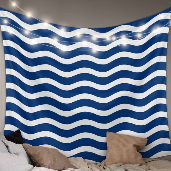 Navy Blue White Large Tapestry for Bedroom Wall Hanging Tapestry, Abstract Waves Water Ripple Striped Ceiling Backdrop Tapestries Poster Blanket Wall Decor for Teens Room Living Room Dorm 86" x 104"