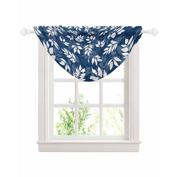 Navy Blue White Leaves Waterfall Valances for Windows, Spring Pastoral Rustic Botanical Kitchen Sheer Valance Curtains, Rod Pocket Elegant Swag Valances for Living Room Bedroom, 47.2"x38.5", 1 Panel