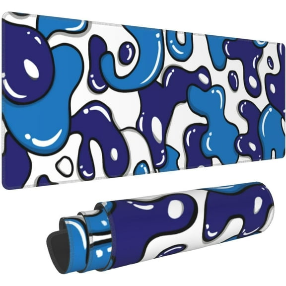 Navy Blue White Mouse Pad Gaming Desk Pad Geometric Japanese Anime Cool Extended XXL Mouse Pad 35.4X15.7 Inch Full Desk Mousepad Gaming with Stitched Edges Non-Slip Base for Desktop Keyboard Pad
