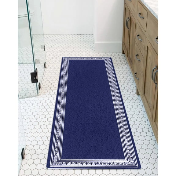 Navy Blue White Non-Slip Bathtub Mat, Geometric Greek Style Abstract Art PVC Bath Mat for Tub Quick Drying Shower Mats for Inside Shower, Foot Scrubber Loofah Bathroom Mats 47x16 Inches