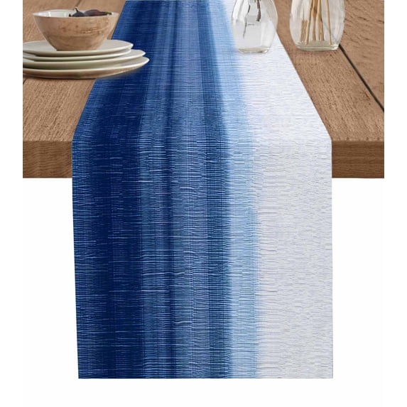 Navy Blue White Ombre Burlap Cotton Table Runner 14x72 Inches Long, Contemporary Minimalism Stripes Farmhouse Table Runners, Outdoor Dining Tablecloths Decor for Baby Shower/Party/Wedding