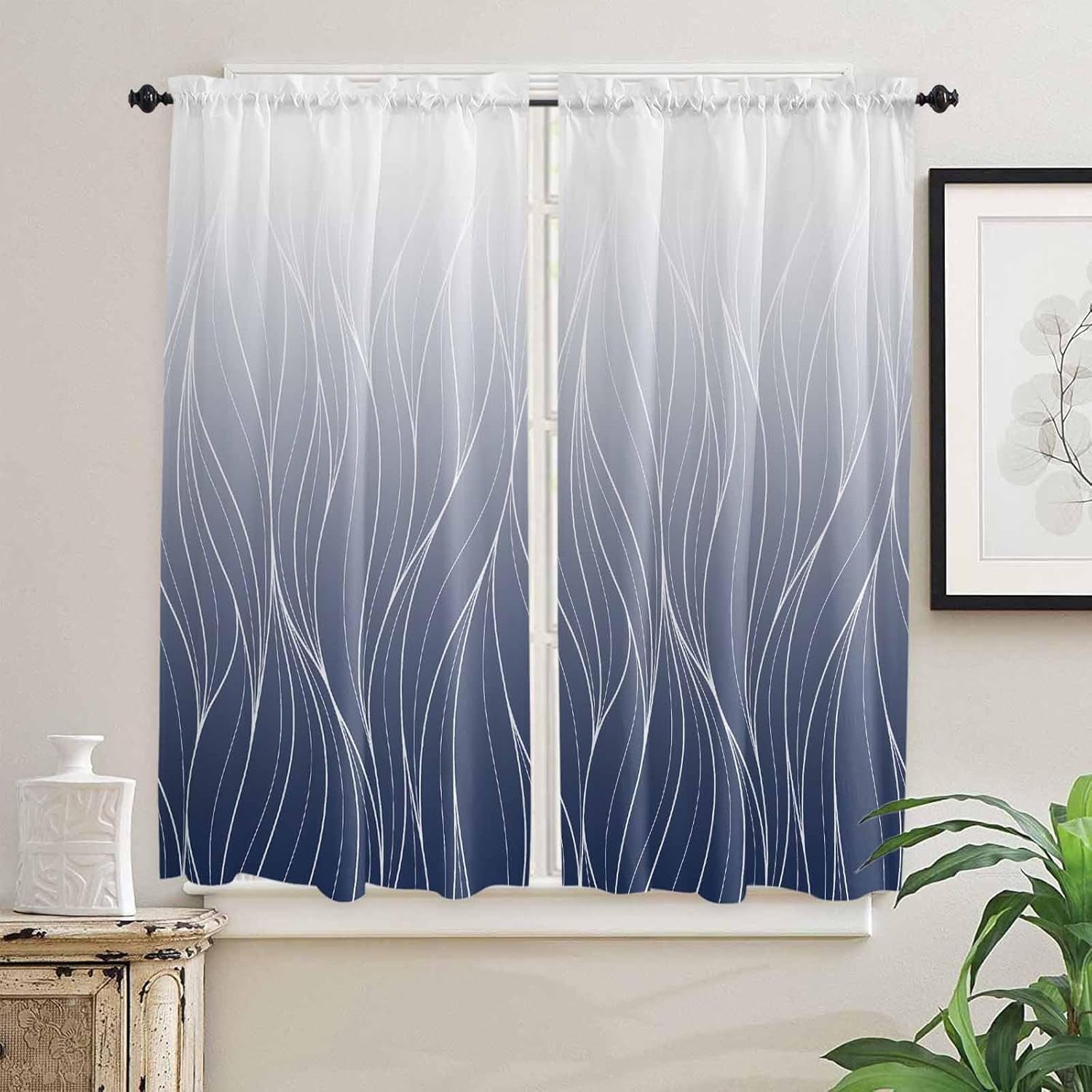 Navy Blue White Ombre Window Curtains 63 Inch Length, Modern Abstract ...