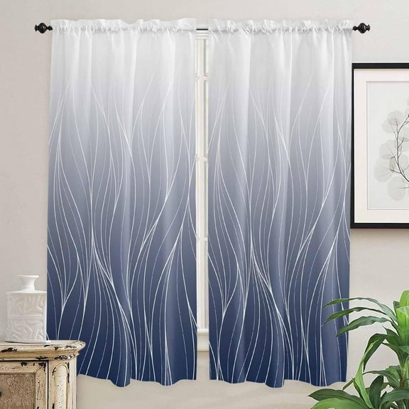 Navy Blue White Ombre Window Curtains 84 Inch Length, Modern Abstract Art Striped Rod Pocket Window Treatment Kitchen Drapes for Bedroom, Cafe, Living Room, 2 Panels, 52 W x 84 L