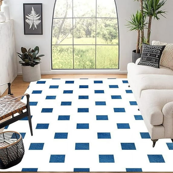 Navy Blue White Pattern Modern Area Rug Washable Soft Carpet For Living Room Bedroom Lux Thick Plush Rug Under Dining Coffee Table No-Slip Kitchen Laundry Runner Rug 2 x 3ft