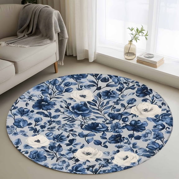 Navy Blue White Peony 3ft Area Rug, Vintage Floral Blossom Washable Non-Slip Small Round Rugs for Entryway Bedroom Kitchen, Soft Circle Carpet for Dining Room, Playroom Nursery Rug
