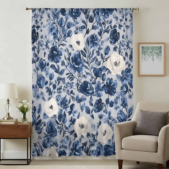 Navy Blue White Peony Sheer Curtains 84 Inches Long, Vintage Floral Blossom Light Filering Curtains, Breathable Simi Curtain Privacy Drapes for Living Room Bedroom Lightweight Window Treatment