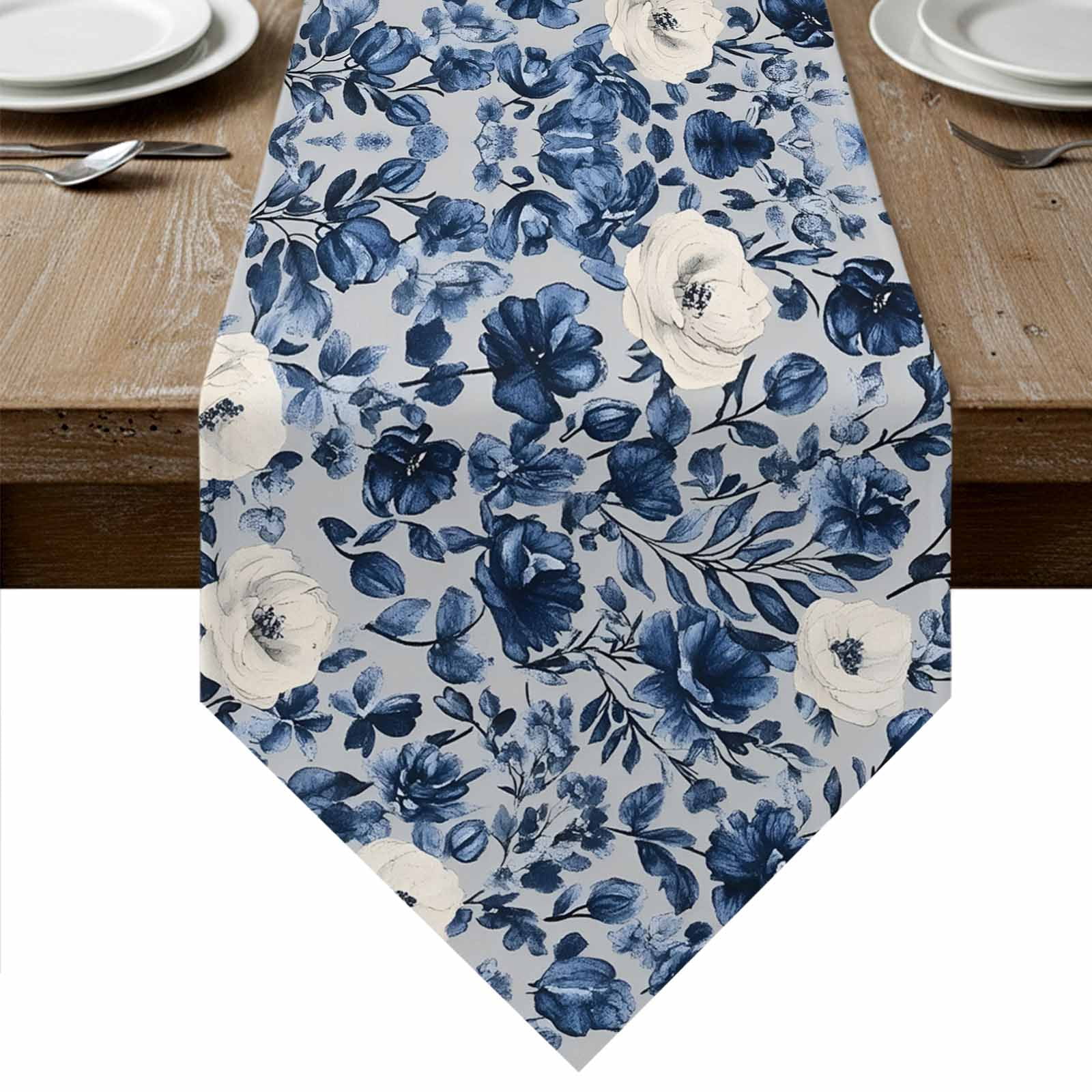 Navy Blue White Peony Table Runner Linen Burlap Table Runner 90 Inches ...
