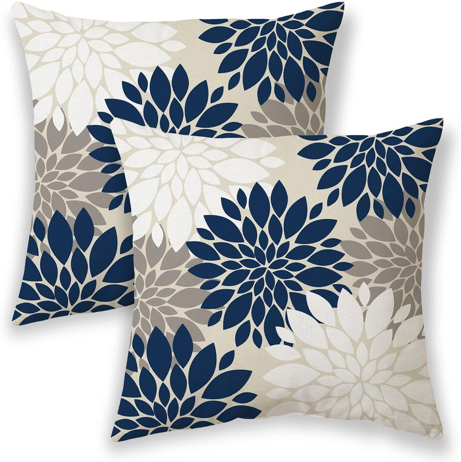 Navy Blue White Pillow Covers 16x16 Set of 2, Gray Abstract Dahlia