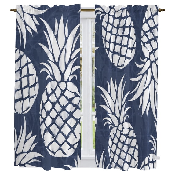 Navy Blue White Pineapple Kitchen Curtains 63 Inch Length, Tropical Summer Botanical Fruits Tiers Curtains for Living Room Berdoom Bathroom, Light Filtering Drapes Window Treatment 2 Panels 42"Wx63"L