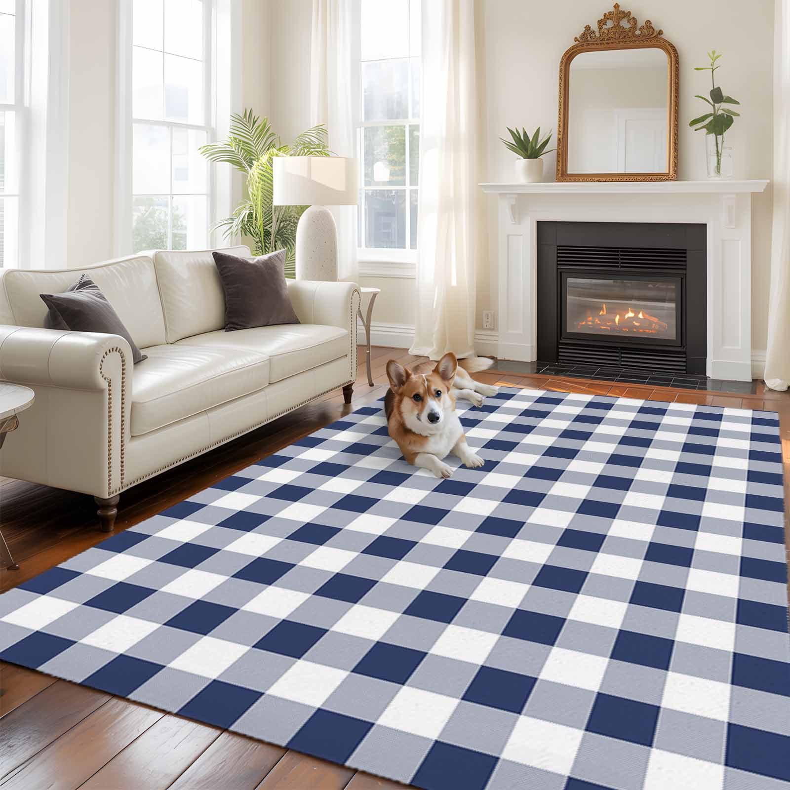 Blue Checked Rug Navy Blue White Plaid Area Rugs 8x10 Ft, Washable Living Room Rugs ...