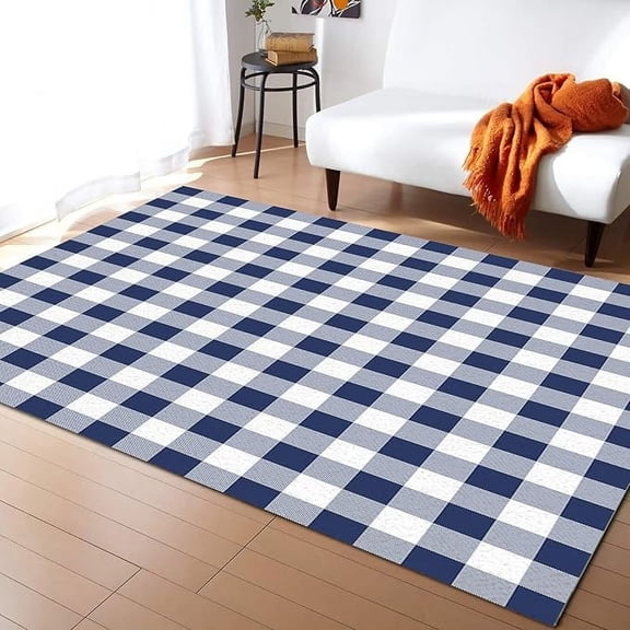 Navy Blue White Plaid Area Rugs, Retro Checkered Buffalo Soft Washable Carpet, Upholstery Rug With Non-Slip Backing For Kids Boys Girls Bedroom Living Room Dining Room Study 5 x 8ft
