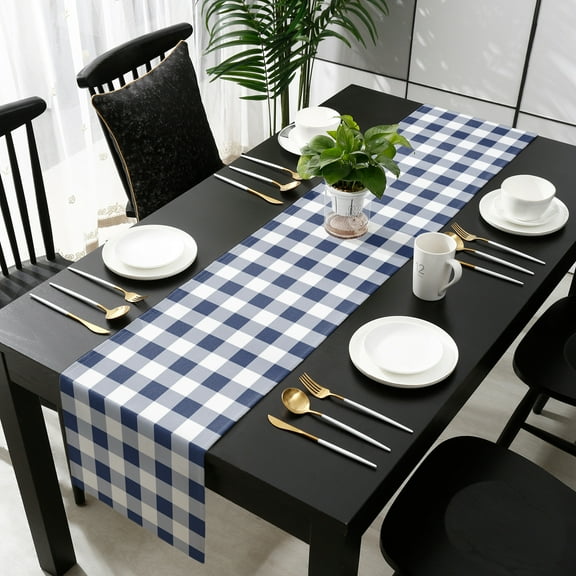 Navy Blue White Plaid Cotton Linen Small Table Runner 13 x 60 inch Farmhouse Checkered Buffalo Non-slip Rectangular Dining Table Decor for Wedding Party Holiday Dinner