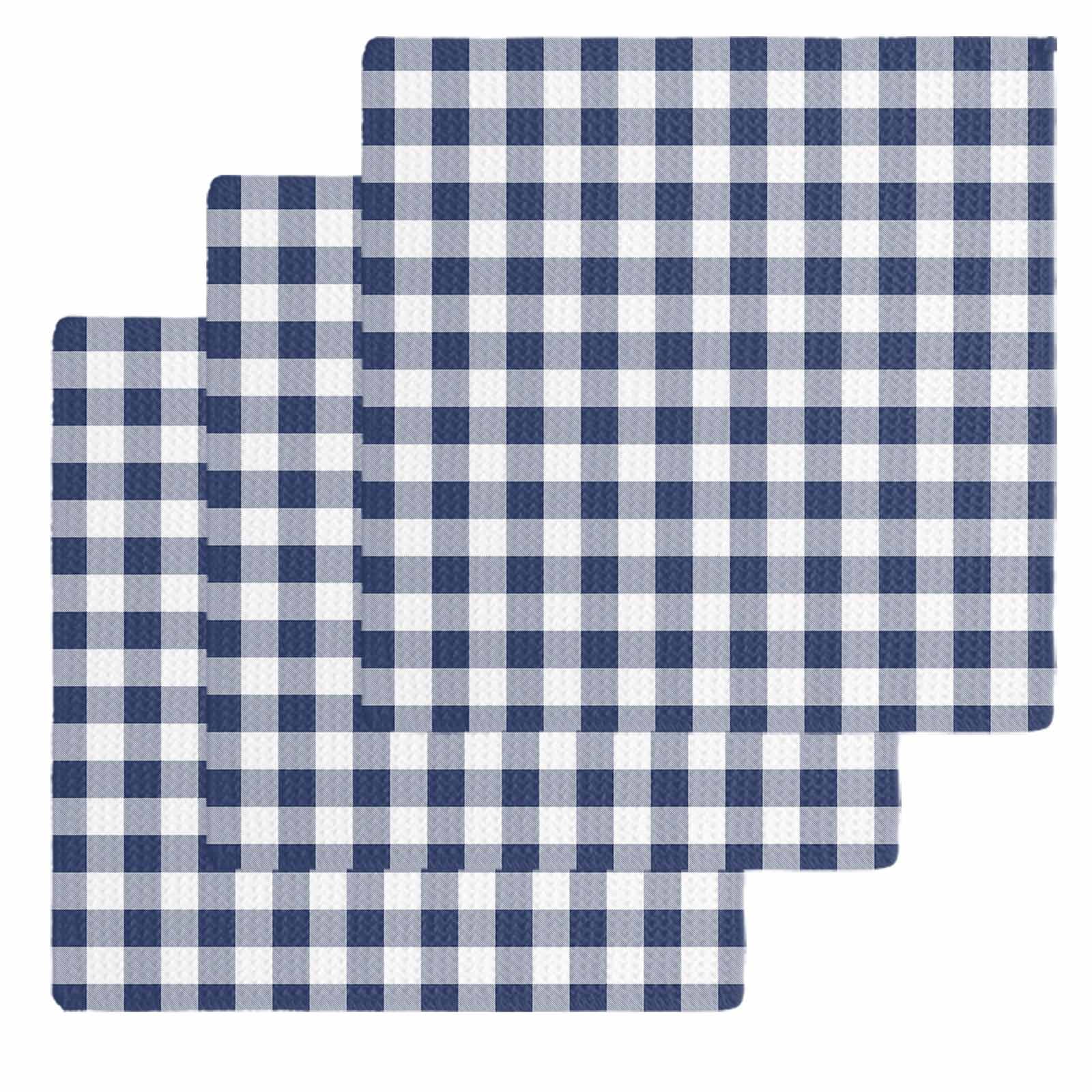 Navy Blue White Plaid Dish Towels Set, Waffle Weave Kitchen Towels 3 Pieces, Farmhouse Checkered Buffalo Microfiber Hair Face Bath Tea Towel Absorbent Quick Drying Cleaning Dish Cloths 12"x12"