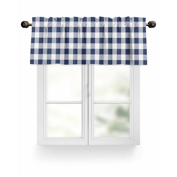Navy Blue White Plaid Kitchen Valances for Windows Rustic Vintage Checkered Valance Curtains for Kitchen /Living Room/Bedroom/ Bathroom Decor, 54"x18 " ,Rod Pocket 1 Panel,