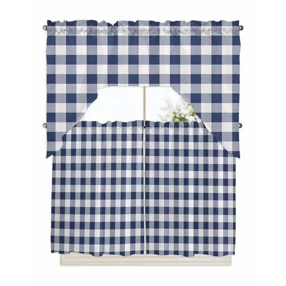 Navy Blue White Plaid Swag Valance and Tier Curtains 36'' Length Set, Farmhouse Checkered Buffalo Light Filtering Kitchen Curtains, Tier Curtain Valances for Bathroom/Living Room/Bedroom/Café