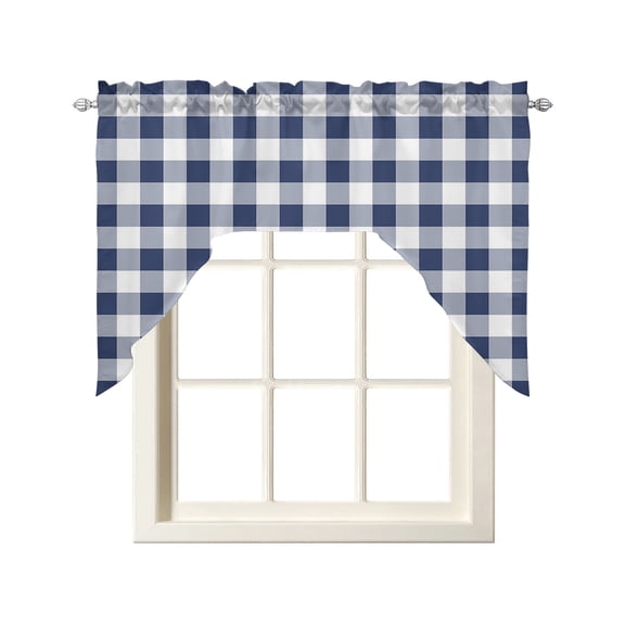 Navy Blue White Plaid Swag Valances for Windows,Farmhouse Checkered Buffalo Rod Pocket Kitchen Curtain Light Filtering Short Topper Drape for Cafe Bedroom Living Room Window Treatments,56"Wx36"L