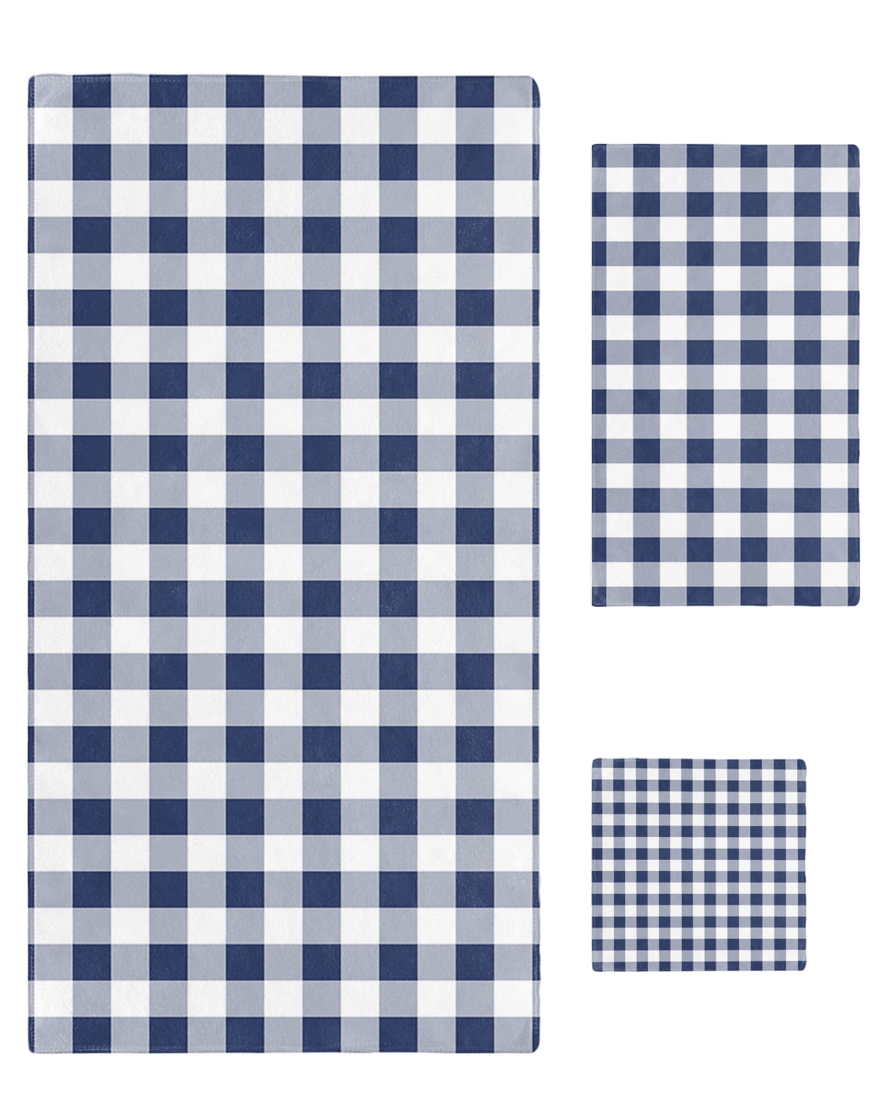 Navy Blue White Plaid Towel Set of 3, Soft Microfiber Bath Towels, Hand Towel, Washcloths, Farmhouse Checkered Buffalo Quick-Dry Absorbent Towels for Bathroom Kitchen Hotel Beach Gym Spa