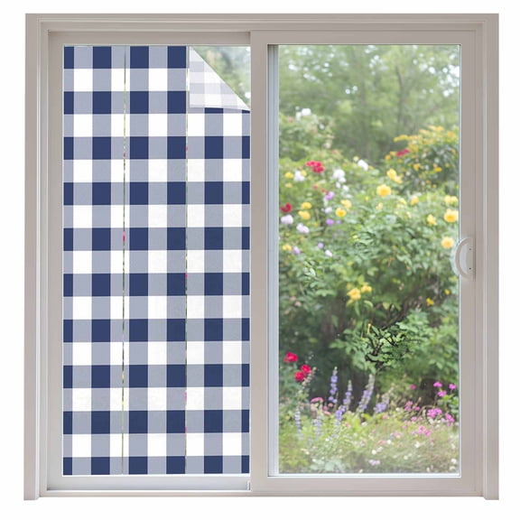 Navy Blue White Plaid Window Privacy Film, Farmhouse Checkered Buffalo Static Cling UV Sun Blocking Heat Control Window Tint Day and Night, Non-Adhesive One Way Windows Privacy Cover 35.4''x78.7''