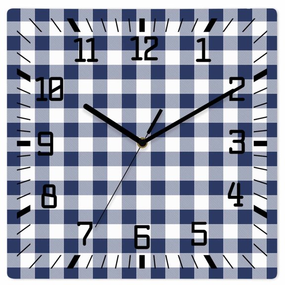 Navy Blue White Plaid Wooden Wall Clock Silent Non Ticking, Farmhouse Checkered Buffalo Square Wall Clocks Battery Operated, Decor Clock for Home Office, Living Room, Kitchen, 10 Inch