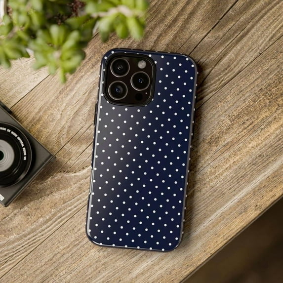 Navy Blue White Polka Dot Pattern Classic Retro Style A027 Protective Case for iPhone 17 16 15 14 13 12 11 Pro Max