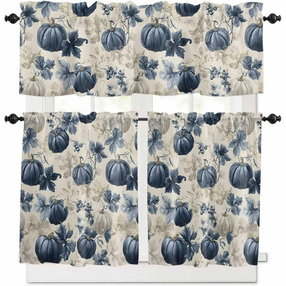 Navy Blue White Pumpkins Kitchen Curtains Set, Thanksgiving Tier Curtain 36 Inches Length, Fall Leaves Botanical Valance and Tiers Set Window Treatment Decor for Bedroom/Living Room