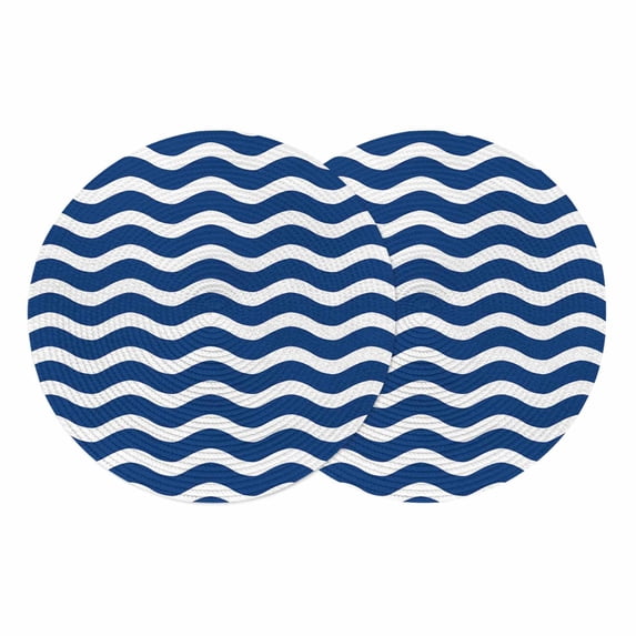 Navy Blue White Round 13 Inch Placemats Set of 2, Abstract Waves Water Ripple Striped HeatResistant Non Slip Place Mats for Dining Table, Wipeable Braided Kitchen Table Mats for Housewarming