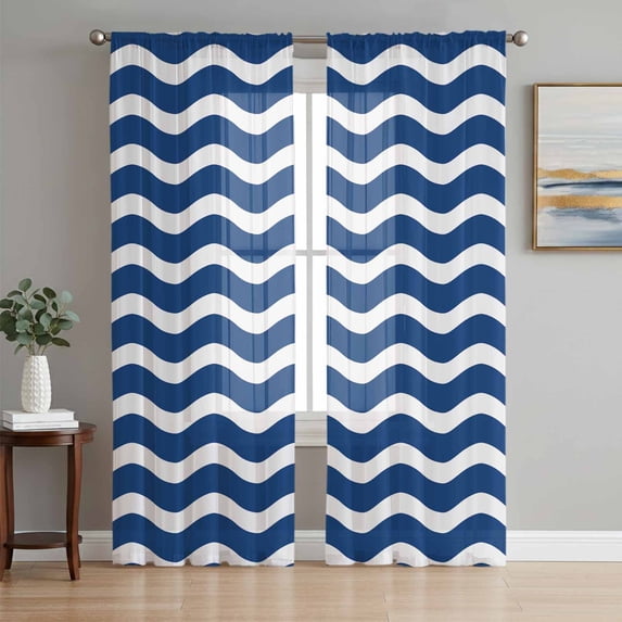 Navy Blue White Semi Sheer Curtains 63 Inch Length 2 Panels Set, Abstract Waves Water Ripple Striped Sheer Kitchen Curtain Privacy Voile Window Curtain for Living Room Bedroom Rod Pocket Drapes