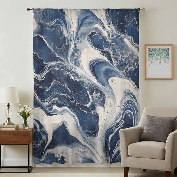 Navy Blue White Sheer Curtains 84 Inches Long, Marble Texture Abstract Art Light Filering Curtains, Breathable Simi Curtain Privacy Drapes for Living Room Bedroom Lightweight Window Treatment