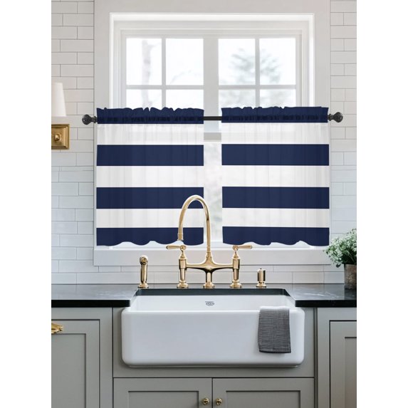 Navy Blue White Sheer Kitchen Tier Curtains 36 Inch length,Rod Pocket Half Curtains Short Drapes,Modern Minimalist Abstract Striped Light Filtering Chiffon Small Window Treatments 2 Pcs 27.5"W x 36"L