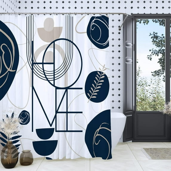 Navy Blue and White Shower Curtain, Blue Beige Geometric Fabric Shower Curtain Set, Abstract Mid Century Modern Minimalist Waterproof Shower Curtain for Bathroom - Home Decor, 72 x 72