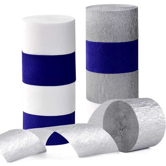 Navy-Blue White- Silver Crepe Paper Streamers - 9 Rolls Royal Blue Graduation 2025 Men Boy Birthday Party Decorations Streamer Wedding Bridal Shower Paper Garland Fathers Day Decor