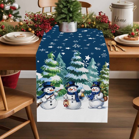 Navy Blue White Snowman Christmas Cotton Linen Table Extra Long Runner 13 x 120 inch Xmas Tree Snowflake Winter Non-slip Rectangular Dining Table Decor for Wedding Party Holiday Dinner