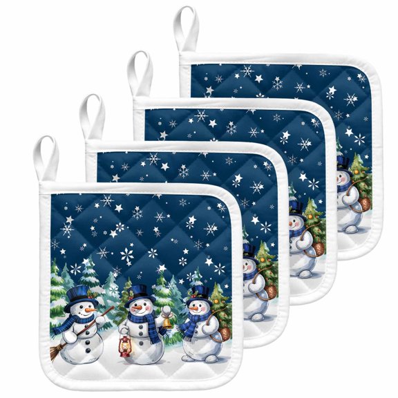 Navy Blue White Snowman Christmas Pot Holders for Kitchen Heat Insulation Potholder, Xmas Tree Snowflake Winter Kitchen Pot Holders Sets Washable Oven Hot Pads Cloth Trivet for Cooking Baking 4 Pack