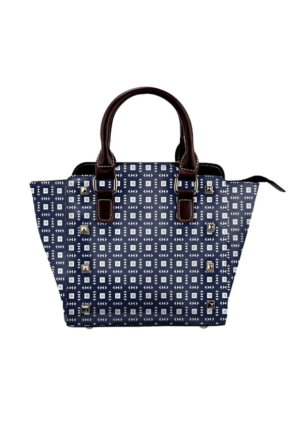 Navy Blue White Square Lattice Triangle Geometric Rivet Fashion One-Shoulder Women's Handbag Tote Bag