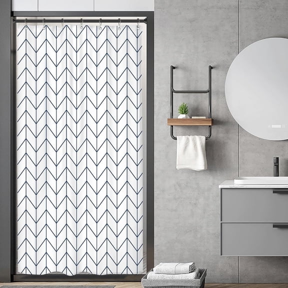 Navy Blue White Stall Small Width Shower Curtain Liner Stripes Half Size 36x72 Inch Single Narrow Tiny Geometric Chevron Herringbone Dorm Decor Fabric Bathroom Set Polyester Waterproof