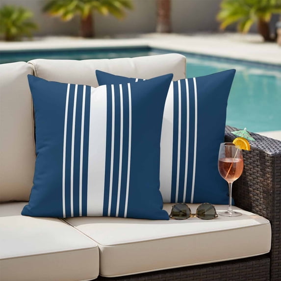 Navy Blue White Stripe Outdoor Pillow Covers 18x18 Inch Throw Pillow Covers Set of 2 Waterproof Decorative Pillow Cases Modern Rustic Vertical Striped Cushion Covers for Patio Furniture Garden Couch