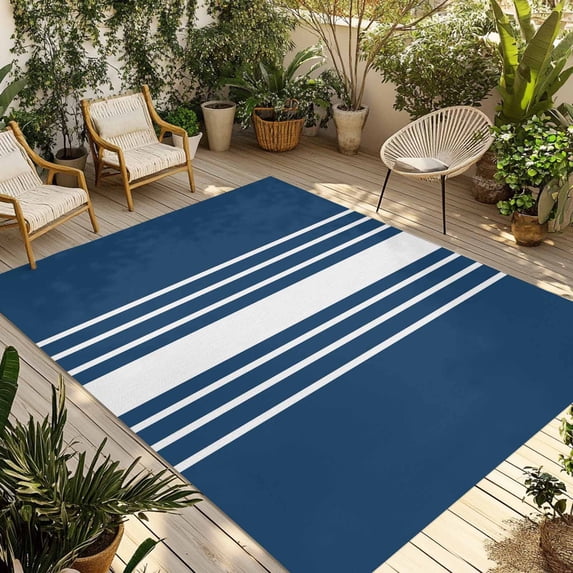 Navy Blue White Stripe Outdoor Rug 4x6 Ft - Reversible Patio Rug Outdoor Camping Rugs, Modern Rustic Vertical Striped Washable Indoor Outdoor Area Rugs, Non-Slip Outdoor Carpet Runner for Deck/Porch