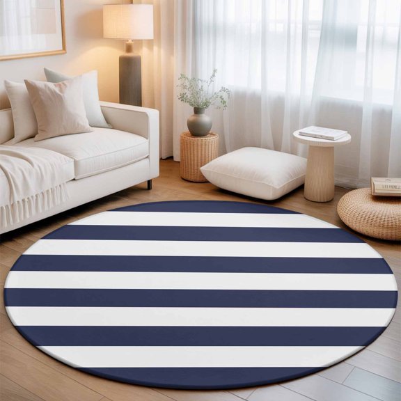 Navy Blue and White Stripe Round Rug 5ft Modern Stripes Pattern Washable Area Rugs for Living Room Bedroom Entryway Non Slip Entrance Door Mat Indoor Floor Carpet