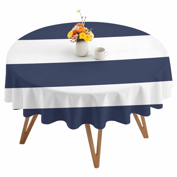 Navy Blue White Stripe Simple Round Tablecloth 54 inches Geometric Waterproof Oil-Proof Table Cloth Round Table Cover for Holiday Party Picnic Dinner Decor Indoor and Outdoor Use
