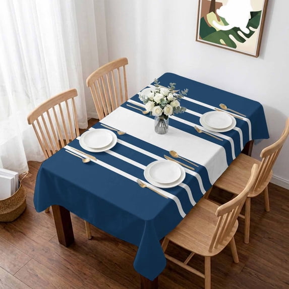 Navy Blue White Stripe Table Cloth Waterproof Tablecloths, Modern Rustic Vertical Striped Tablecloth Dining Table Cover for Kitchen Party Tabletop Outdoor, Rectangle Tablecloth 60x84 Inch