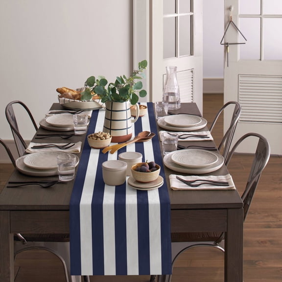 Navy Blue and White Stripe Table Runner 13x36in Non-Slip Cotton Linen Table Runners, Modern Stripes Pattern Dresser Scarves TableRunner for Dinner Kitchen Dining Wedding Party