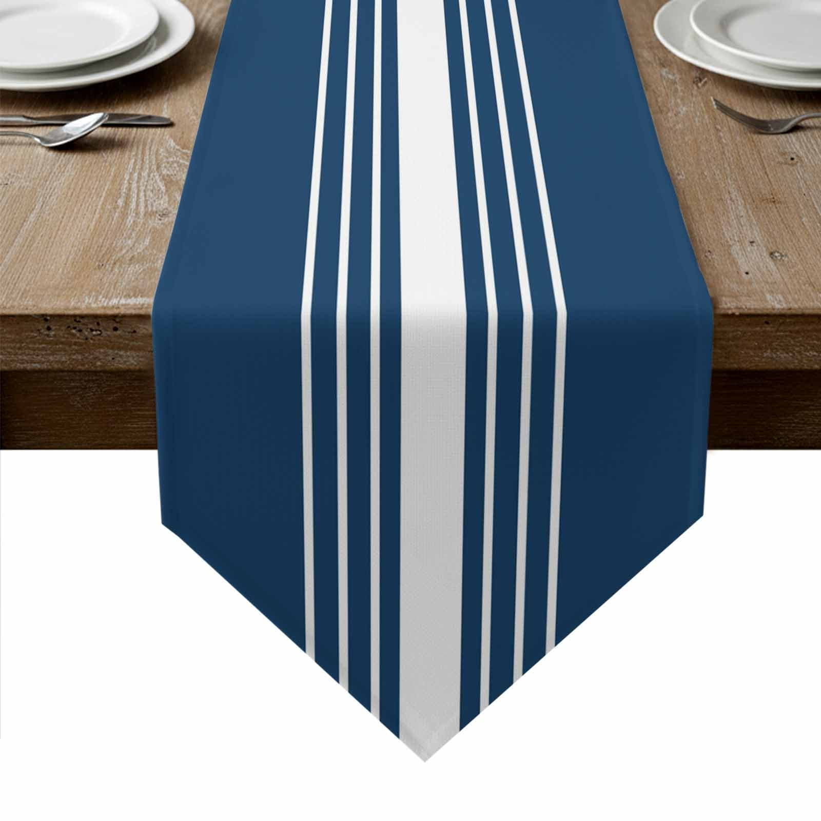 Navy Blue White Stripe Table Runner Linen Burlap Table Runner 90 Inches Long Modern Rustic Vertical Striped Dresser Scarves for Kitchen Island Coffee Dining Room Party Holiday Decoration 13"x90"