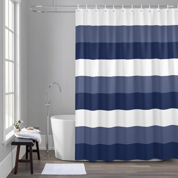 Navy Blue and White Striped 36x72 Inches Waterproof Shower Curtain, Abstract Ombre Geometric Bath Curtain Set with 12 Hooks Washable Shower Curtains for Bathroom Bathtub Decor