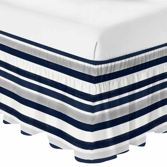 Navy Blue White Striped Bed Skirt Cal King Size 16 Inch Drop, Elastic Wrap Around Bed Skirts Pleated Dust Ruffles For Twin Full Queen Cal King Base Beds, Grey Farmhouse Stripe Abstract Art