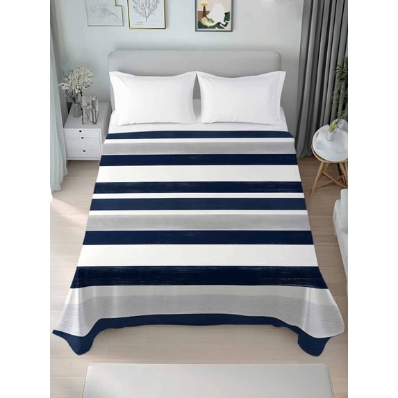 Navy Blue White Striped California King Size Flat Sheet, Wrinkleproof & Fadeproof Cooling Flat Bed Sheet Only, Grey Farmhouse Stripe Abstract Art Breathable Soft Bedding Top Sheets 108 x 98 Inches